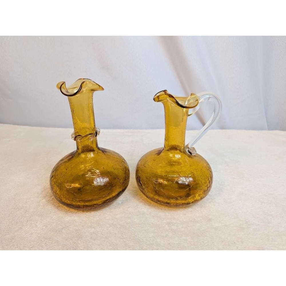 Vintage Amber Crackle Glass Pitcher Vase Set - Ornate Fluted‎ Rim and Handle